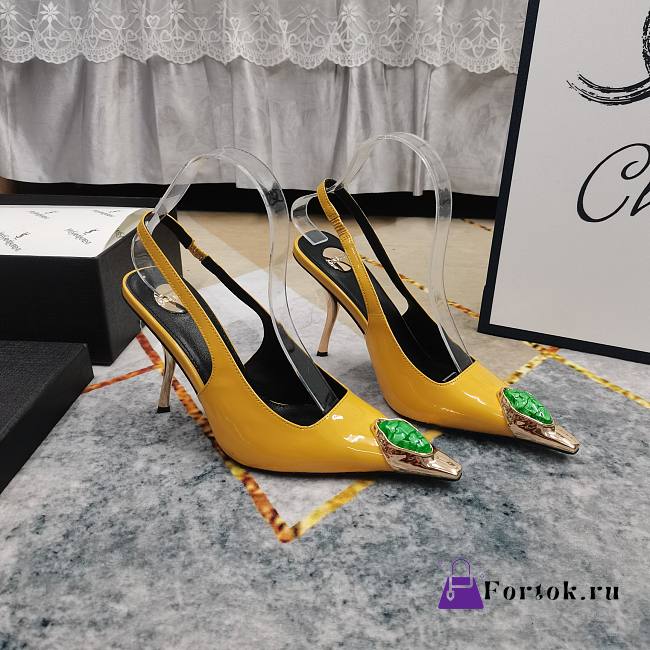 Fortok Saint Laurent Gemstones Embellished Inlay Crystal Slingback Pumps Yellow - 1