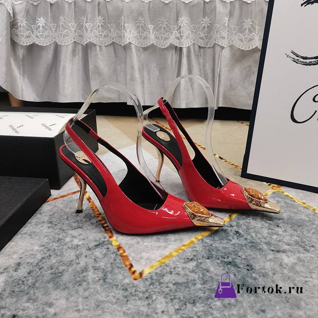 Fortok Saint Laurent Gemstones Embellished Inlay Crystal Slingback Pumps Red - 1