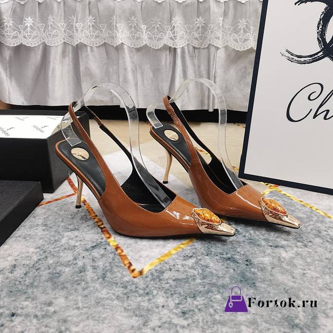 Fortok Saint Laurent Gemstones Embellished Inlay Crystal Slingback Pumps Brown - 1