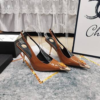 Fortok Saint Laurent Gemstones Embellished Inlay Crystal Slingback Pumps Brown