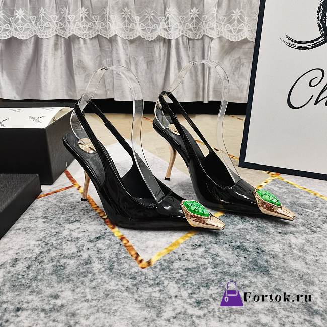 Fortok Saint Laurent Gemstones Embellished Inlay Crystal Slingback Pumps Black - 1