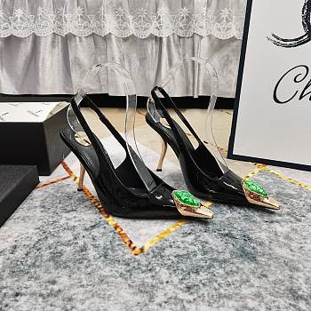 Fortok Saint Laurent Gemstones Embellished Inlay Crystal Slingback Pumps Black