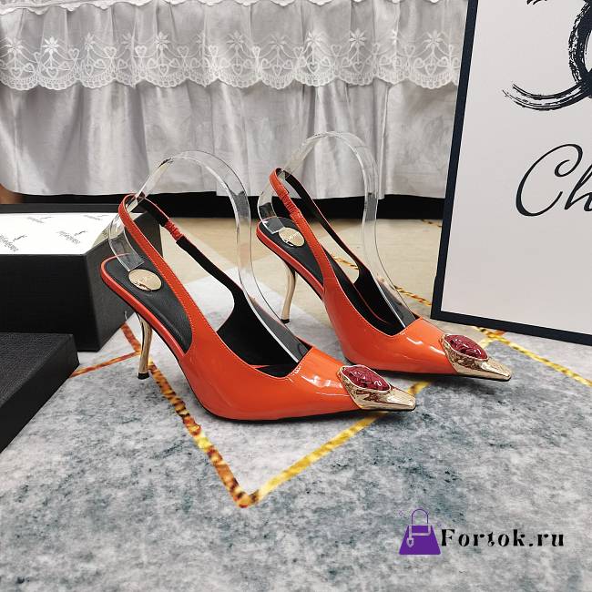 Fortok Saint Laurent Gemstones Embellished Inlay Crystal Slingback Pumps Orange  - 1