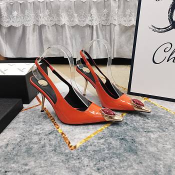 Fortok Saint Laurent Gemstones Embellished Inlay Crystal Slingback Pumps Orange 