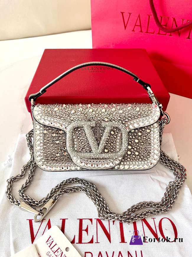Fortok Valentino VLogo Signature Loco Shoulder Bag Silver With Crystal Diamonds 19x10.5x5cm - 1