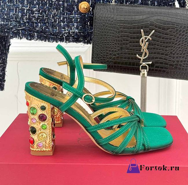 Fortok Valentino Crystal Heel High-heeled Sandals Green - 1