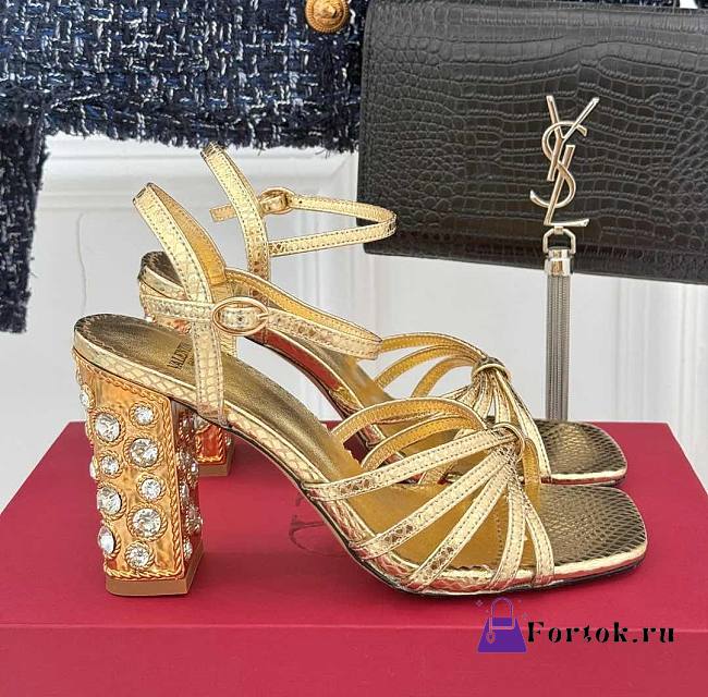 Fortok Valentino Crystal Heel High-heeled Sandals Gold - 1