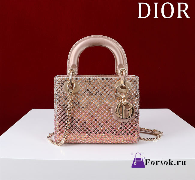 Fortok Dior Lady Diana Three-grid Embroidery Gradient Beads Bag Pink 17x15x7cm - 1