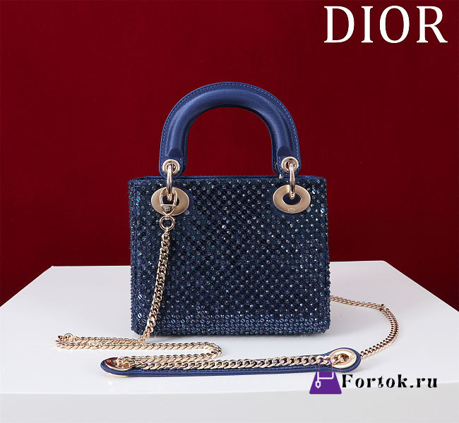 Fortok Dior Lady Diana Three-grid Embroidery Gradient Beads Bag Dark Blue 17x15x7cm - 1