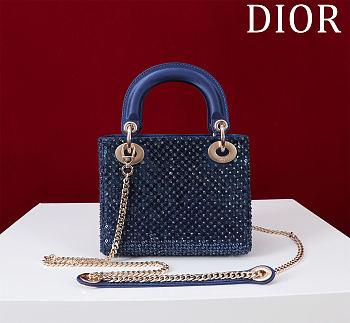 Fortok Dior Lady Diana Three-grid Embroidery Gradient Beads Bag Dark Blue 17x15x7cm