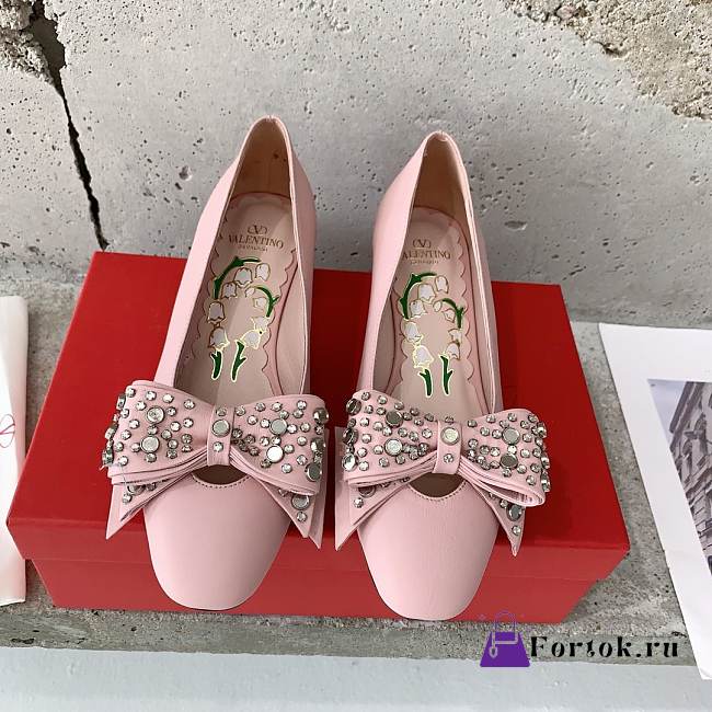 Fortok Valentino Bow High-heeled Shoes Pink - 1
