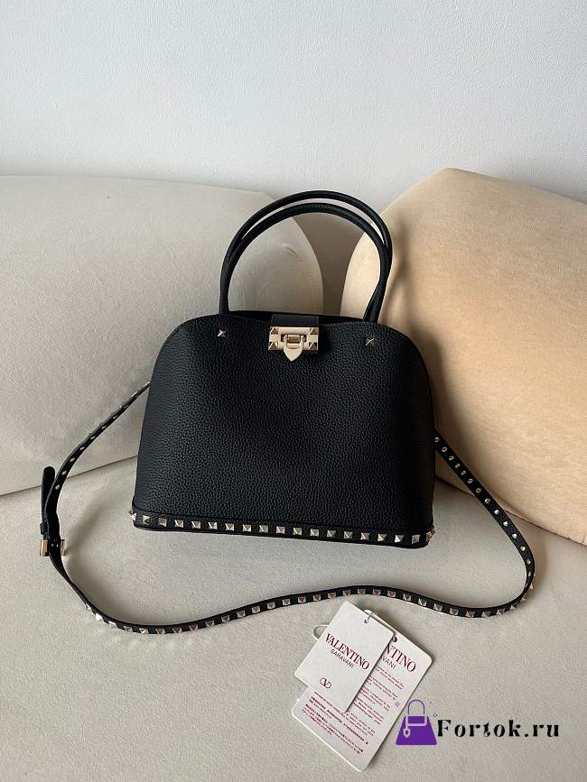 Fortok Valentino Garavani Rockstud Grained Calfskin Bag Black 22073L 28x21x14cm - 1