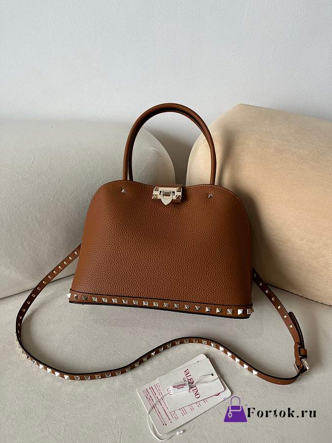 Fortok Valentino Garavani Rockstud Grained Calfskin Bag Brown 22073L 28x21x14cm - 1