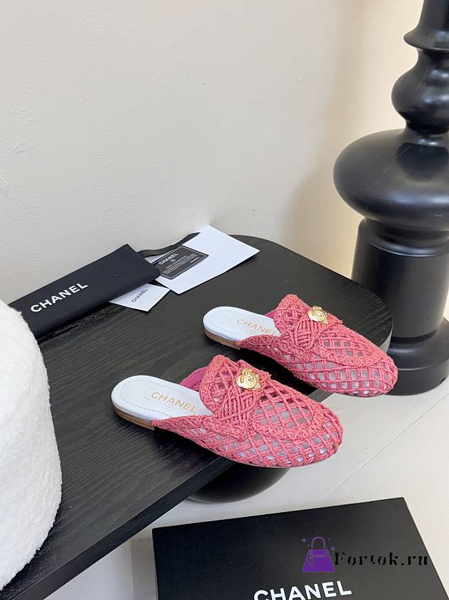 Fortok Chanel Hemp Rope Flat Slippers Pink - 1