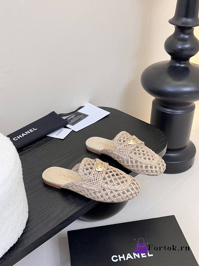 Fortok Chanel Hemp Rope Flat Slippers Beige - 1