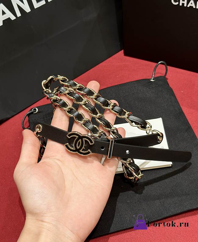 Fortok Chanel Waist Chain Calfskin Belt Black - 1