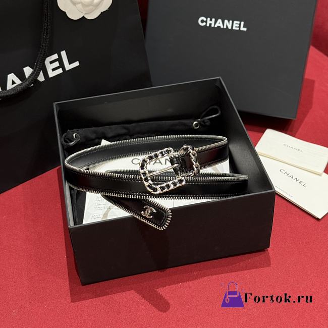 Fortok Chanel Zipper Belt Black Silver Buckle - 1