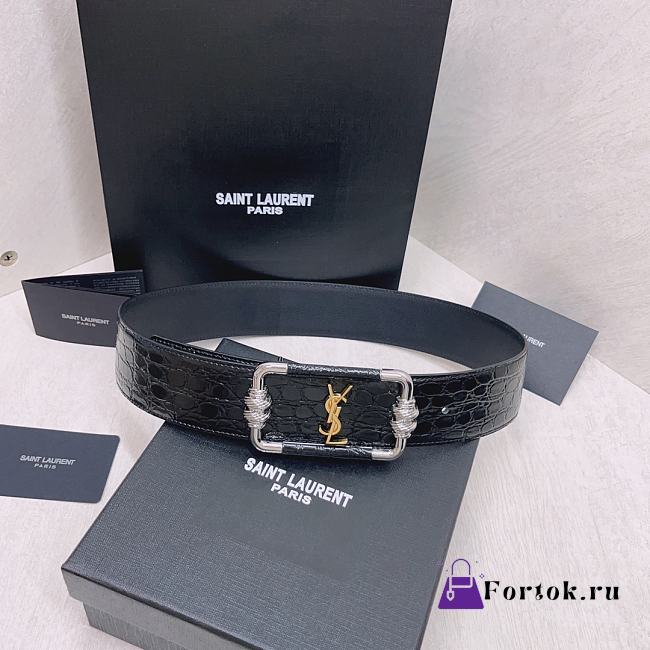 Fortok Saint Laurent Monogram Black Crocodile Embossed Leather Vintage Belt - 1