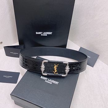Fortok Saint Laurent Monogram Black Crocodile Embossed Leather Vintage Belt