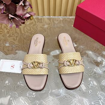 Fortok Valentino VLogo Raffia-Trimmed Leather Slides Pink