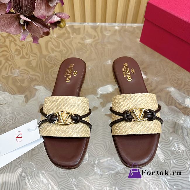 Fortok Valentino VLogo Raffia-Trimmed Leather Slides Dark Brown - 1