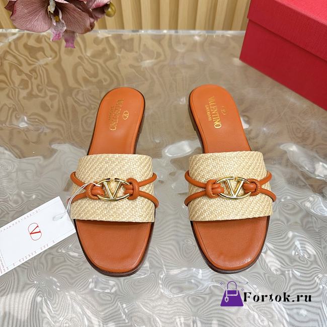 Fortok Valentino VLogo Raffia-Trimmed Leather Slides Brown - 1