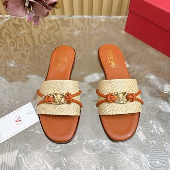 Fortok Valentino VLogo Raffia-Trimmed Leather Slides Brown