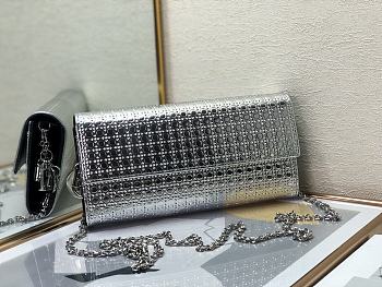 Fortok Dior Silver Metallic Patent Micro-Cannage Lady Dior Croisiere Chain Wallet 21cm