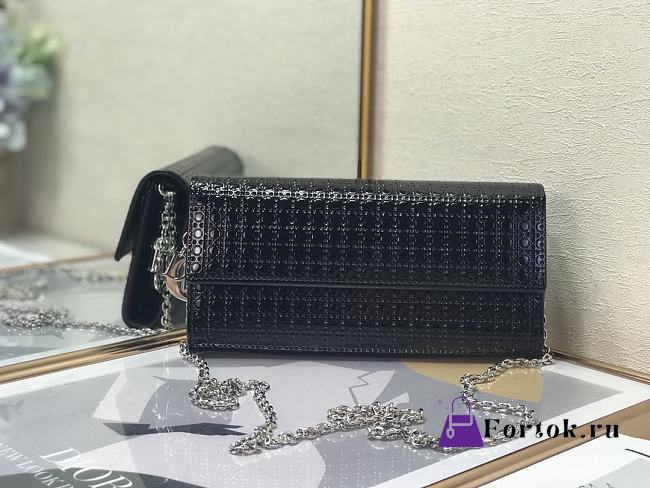 Fortok Dior Black Metallic Patent Micro-Cannage Lady Dior Croisiere Chain Wallet 21cm - 1