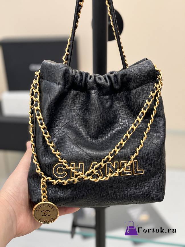Fortok Chanel Mini Handbag Black Caviar Leather 20cm - 1