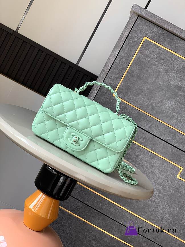 Fortok Chanel Mini Flap Handle Bag Green 12.5x20x6cm - 1