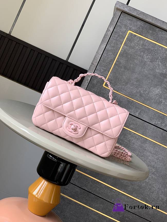Fortok Chanel Mini Flap Handle Bag Pink 12.5x20x6cm - 1