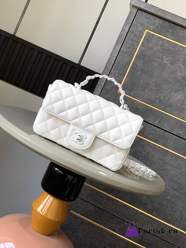 Fortok Chanel Mini Flap Handle Bag White 12.5x20x6cm - 1