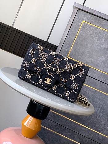 Fortok Chanel  Pearl Strass Crystal CC Medium Classic Double Flap Bag Black 25cm