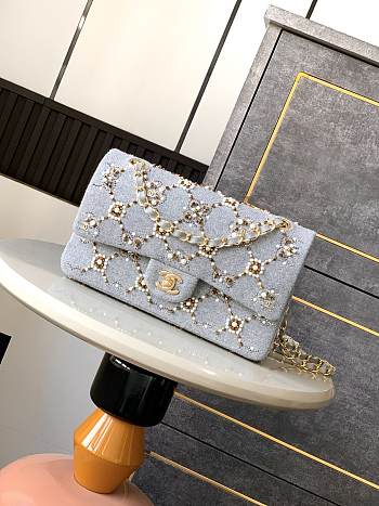 Fortok Chanel Pearl Strass Crystal CC Medium Classic Double Flap Bag Grey 25cm