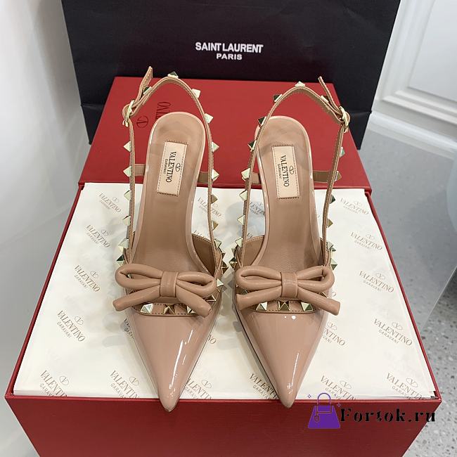 Fortok Valentino Rockstud Bow Slingback Ballerina In Beige Patent Leather With Tone-On-Tone Studs - 1