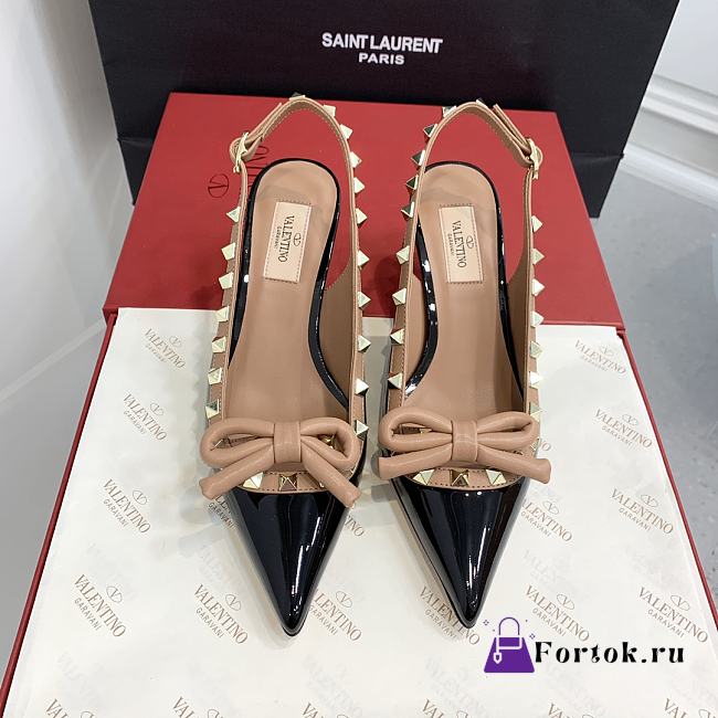 Fortok Valentino Rockstud Beige Bow Slingback Ballerina In Black Patent Leather With Tone-On-Tone Studs - 1
