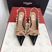 Fortok Valentino Rockstud Beige Bow Slingback Ballerina In Black Patent Leather With Tone-On-Tone Studs - 1