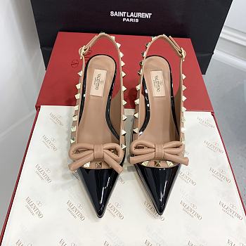 Fortok Valentino Rockstud Beige Bow Slingback Ballerina In Black Patent Leather With Tone-On-Tone Studs