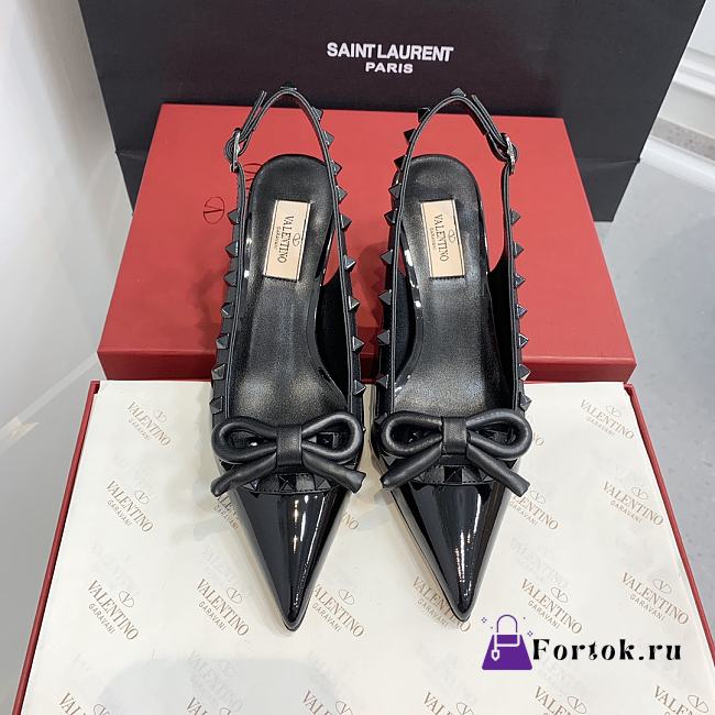 Fortok Valentino Rockstud Bow Slingback Ballerina In Black Patent Leather With Tone-On-Tone Studs - 1
