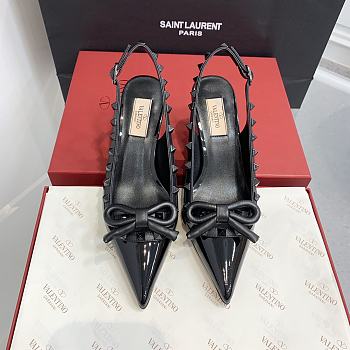 Fortok Valentino Rockstud Bow Slingback Ballerina In Black Patent Leather With Tone-On-Tone Studs