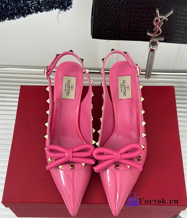 Fortok Valentino Rockstud Bow Slingback Ballerina In Pink Patent Leather With Tone-On-Tone Studs - 1