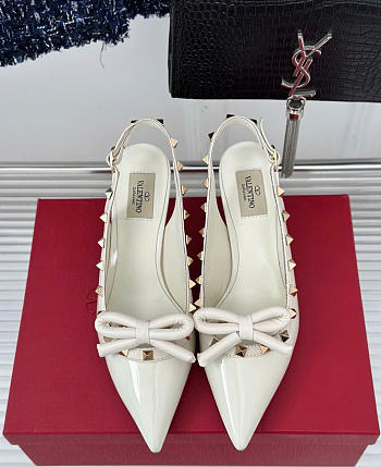 Fortok Valentino Rockstud Bow Slingback Ballerina In White Patent Leather With Tone-On-Tone Studs