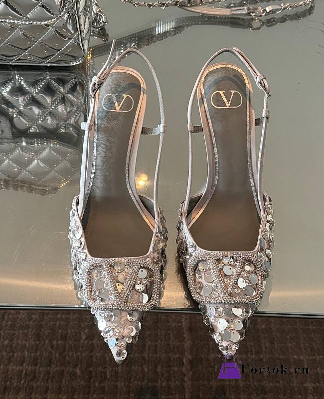 Fortok Valentino Sequin High-heeled Slingback Pumps Silver  - 1