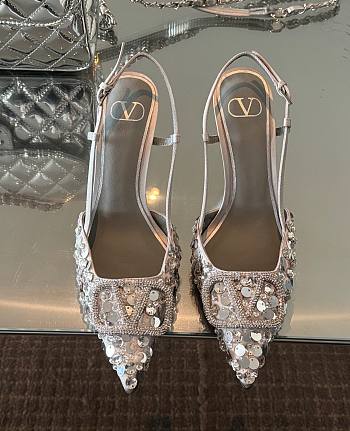 Fortok Valentino Sequin High-heeled Slingback Pumps Silver 