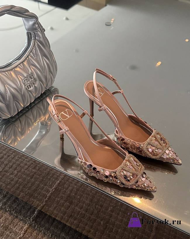 Fortok Valentino Sequin High-heeled Slingback Pumps Pink - 1