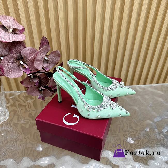 Fortok Gucci Pump With Crystals Green Satin - 1