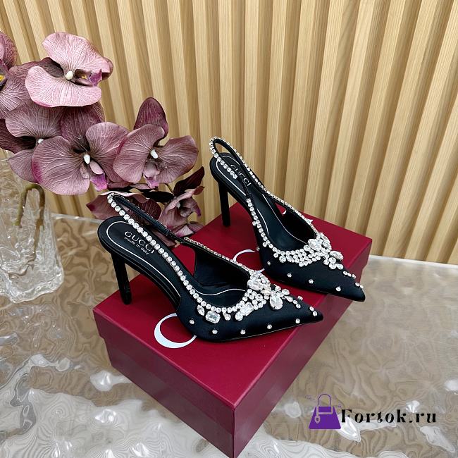 Fortok Gucci Pump With Crystals Black Satin - 1