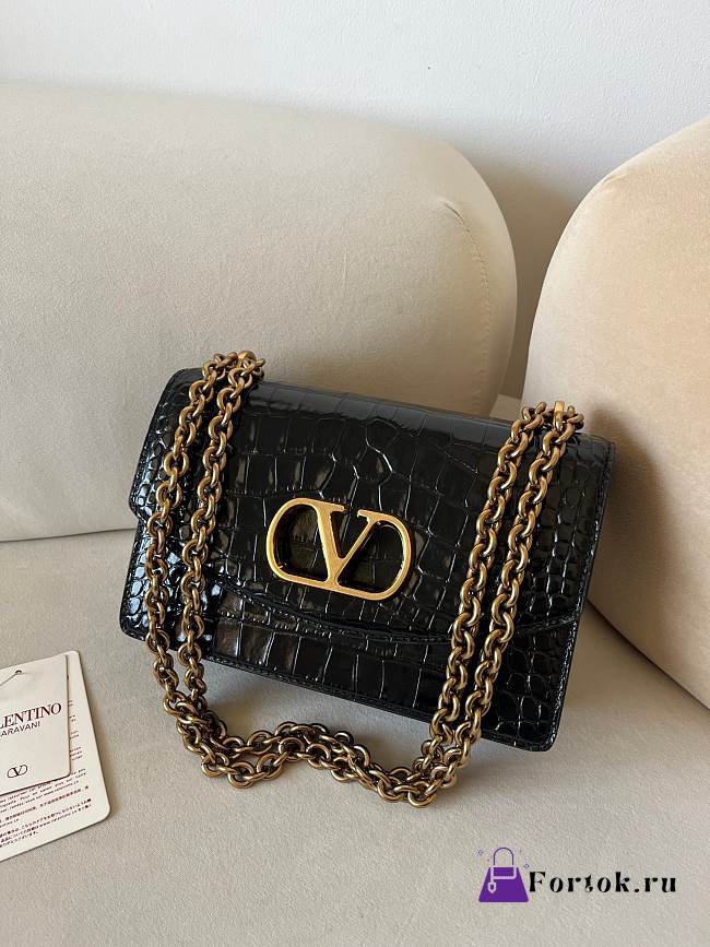 Fortok Valentino Garavani Vain Crocodile Pattern Handbag Black 24x16x8cm - 1
