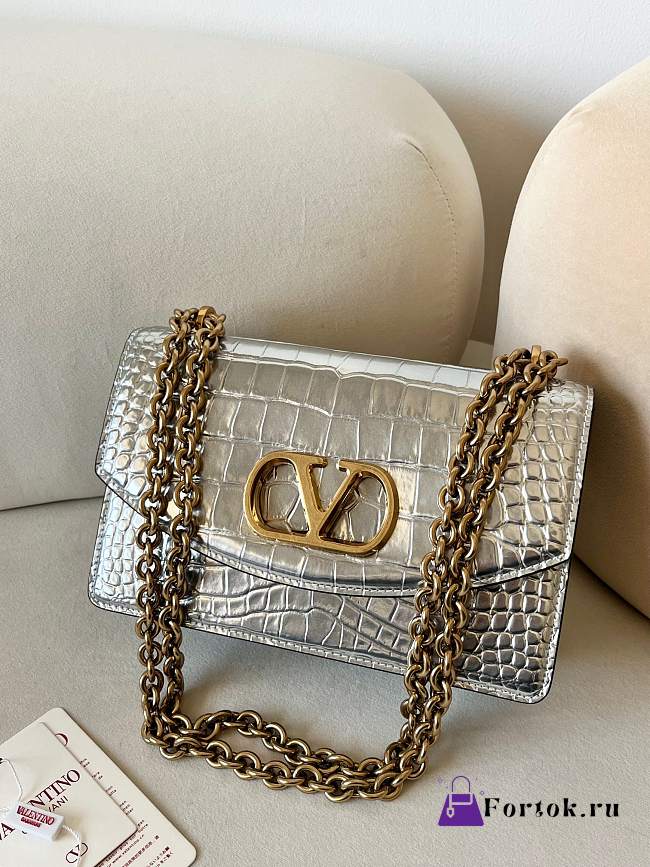  Fortok Valentino Garavani Vain Crocodile Pattern Handbag Silver 24x16x8cm - 1
